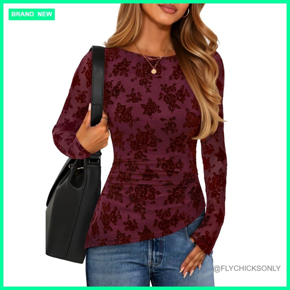 Floral Mesh Long Sleeve Blouse Boat Neck Ruched Waist Slim Fit Top